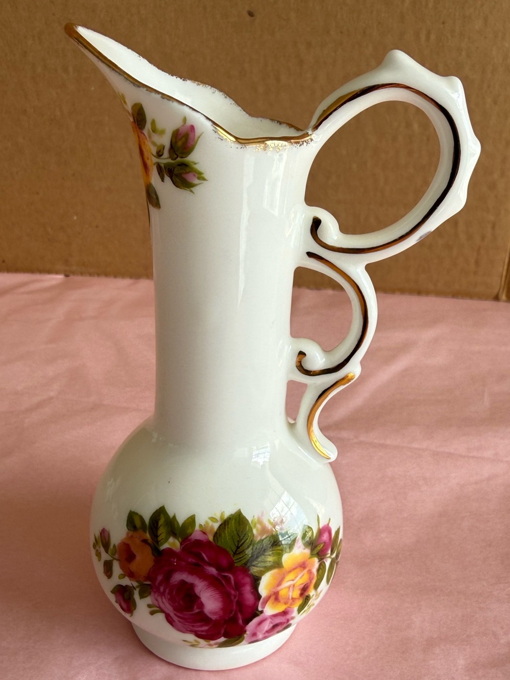 Vintage Cottage Rose Fine Bone China Miniature Pitcher Ewer Bud Vase Gold Trim